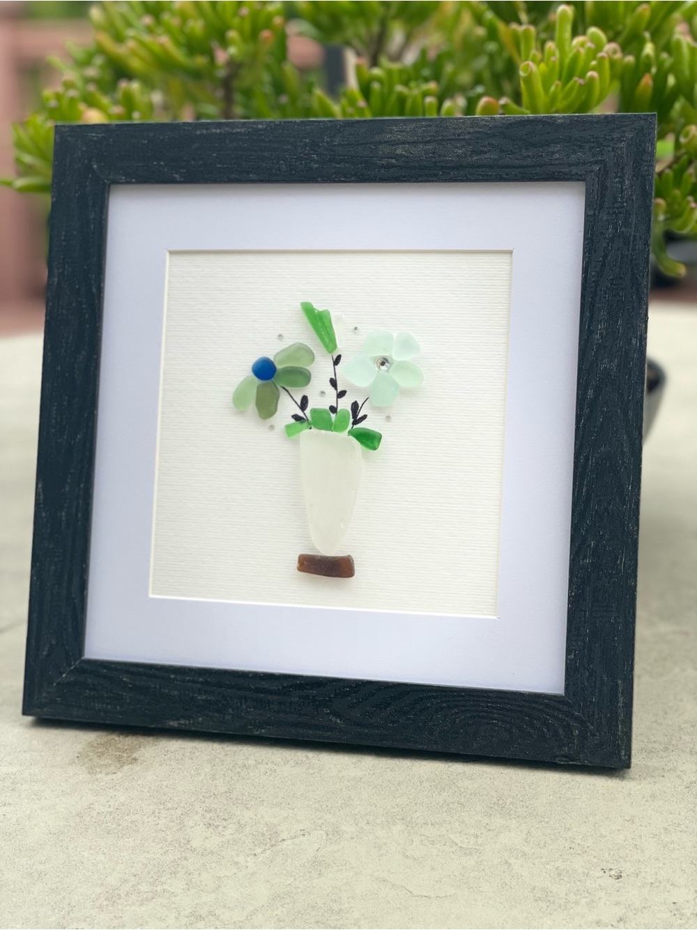 Framed Sea Glass Flower Vase Wall Art - Green & White